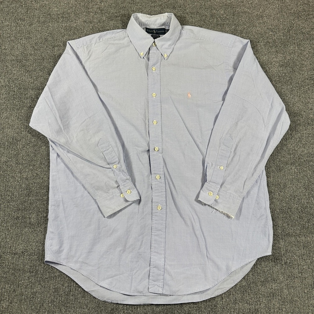 Ralph Lauren Mens 16 Large Blue‎ Check Yarmouth Button Down Long Sleeve Cotton